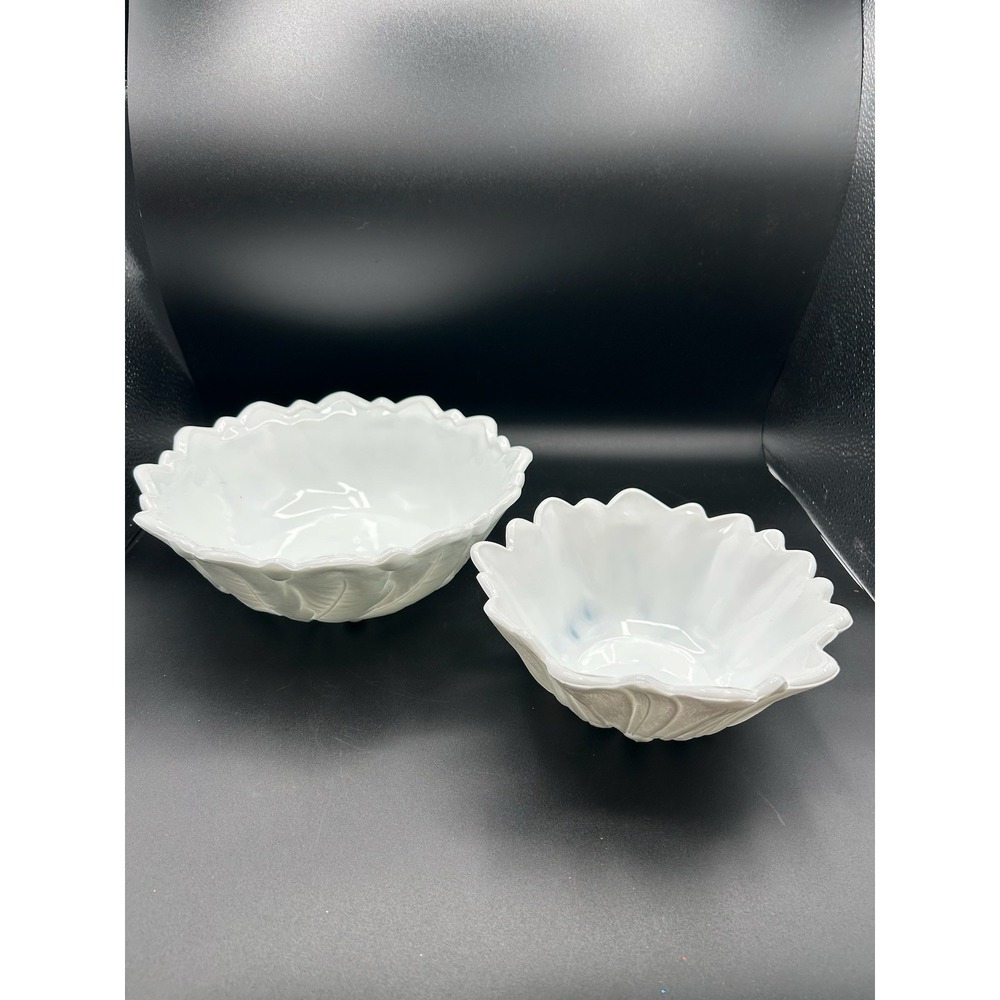 2 VTG White MILK GLASS Footed Floral Cabbage Lettuce Leaf 9" & 7" SERVING BOWL